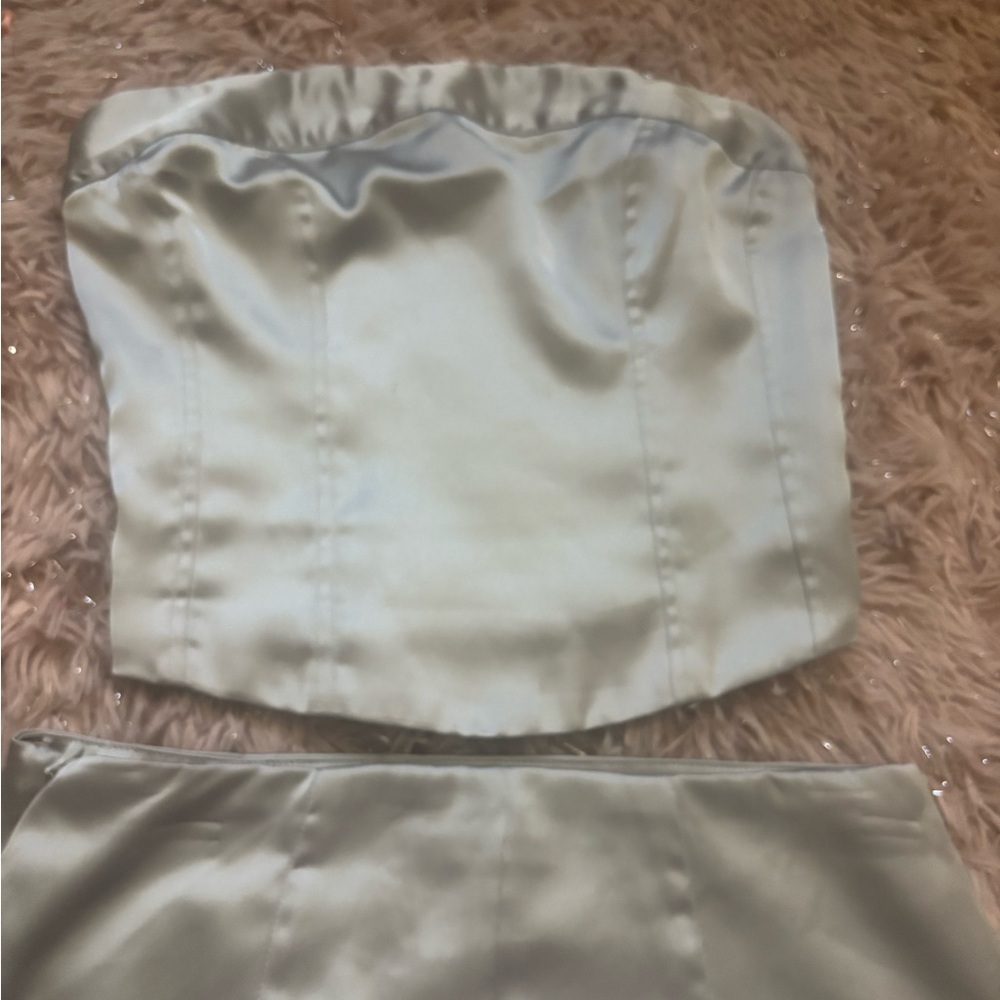 Satin Strapless Top and Skirt Set in Light Green